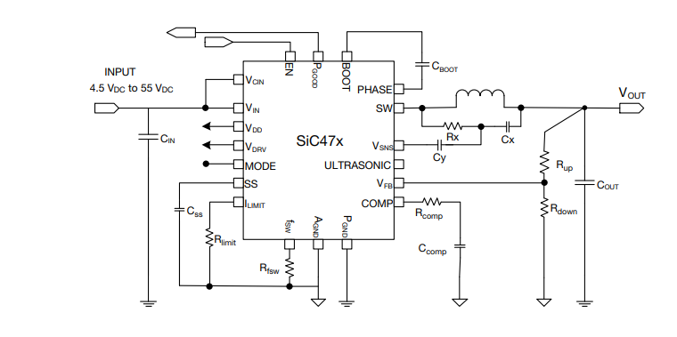 应用电路图 - Vishay / Siliconix SiC471/SiC472/SiC473/SiC474 microBUCK®转换器